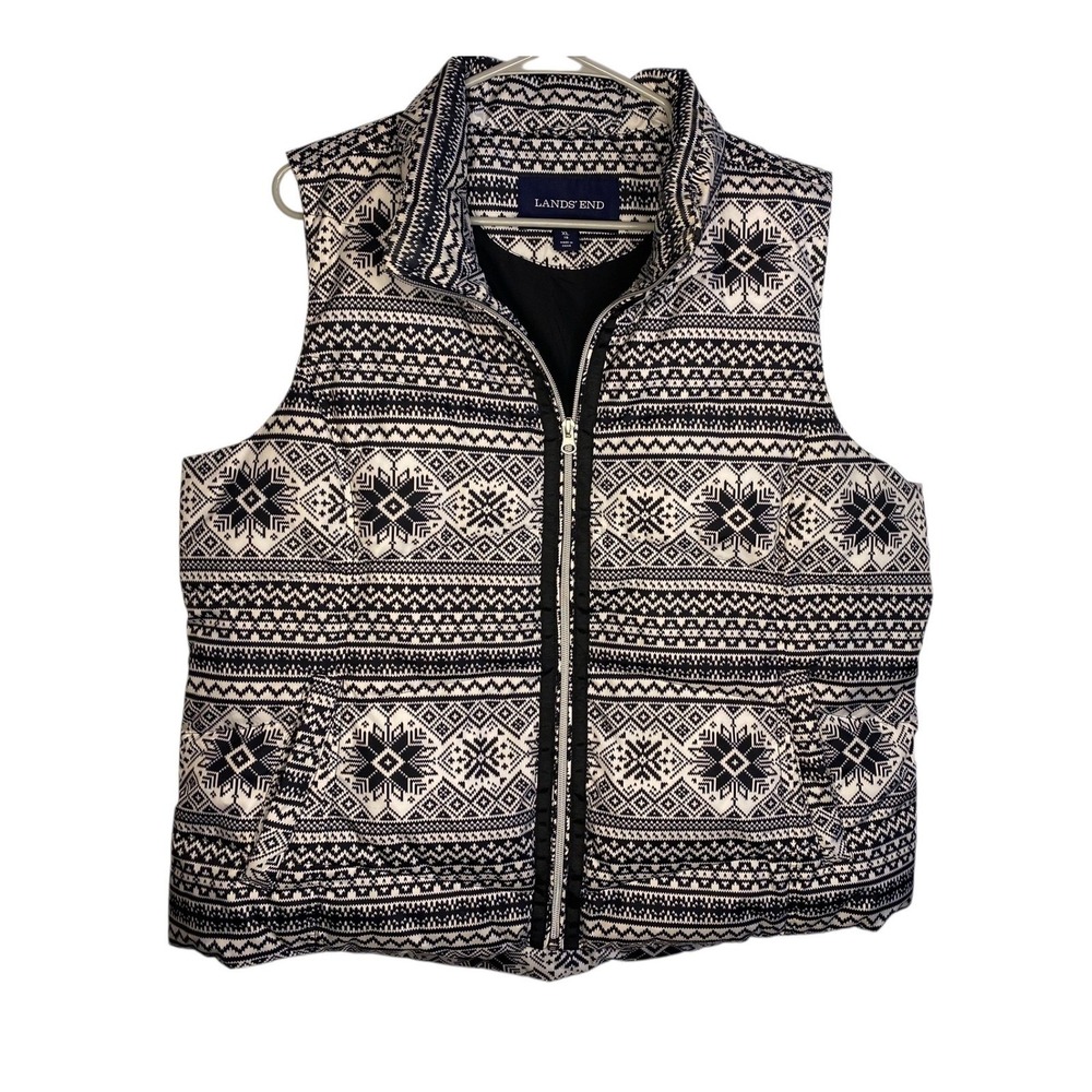 Lands End Women's XL (18) Gray White Fair Isle Puffer Vest Down Fill Full Zip